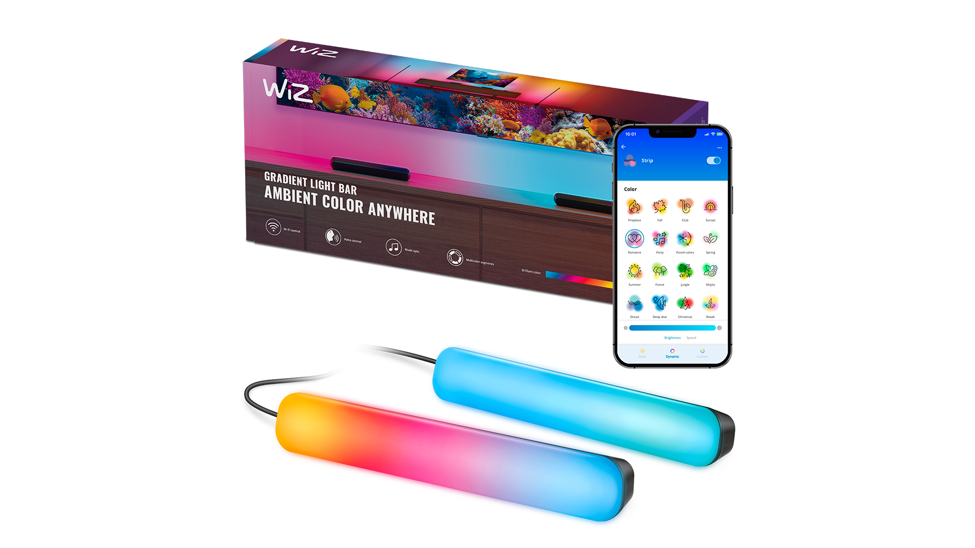 Barra de luz degradada Wiz con un smartphone que muestra opciones de color. Dos barras de luz en primer plano y una caja en el fondo.