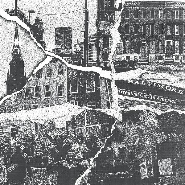 Collage von Baltimore: Menge, Gebäude, Text 'Baltimore: Größte Stadt Amerikas' und Stadtlandschaft in Graustufen.