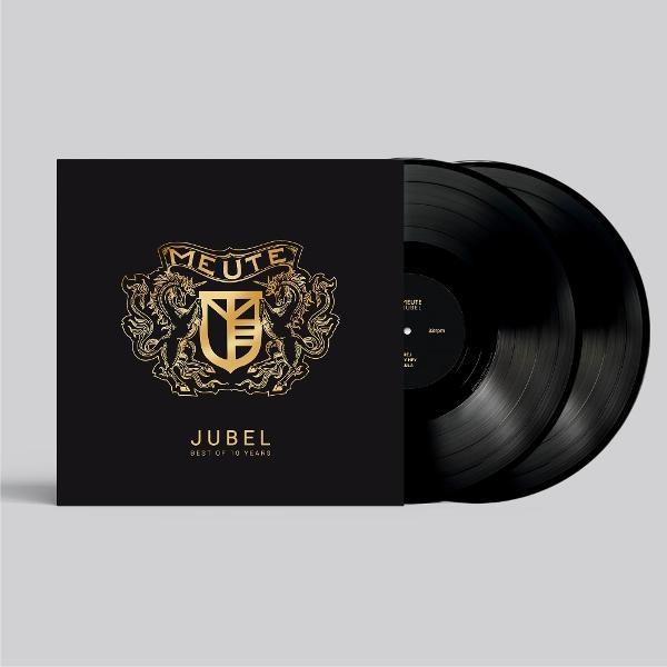 Albumcover 'MEUTE JUBEL' mit zwei schwarzen Schallplatten. Goldenes Emblem auf schwarzem Cover. Text: 'BEST OF 10 YEARS'.