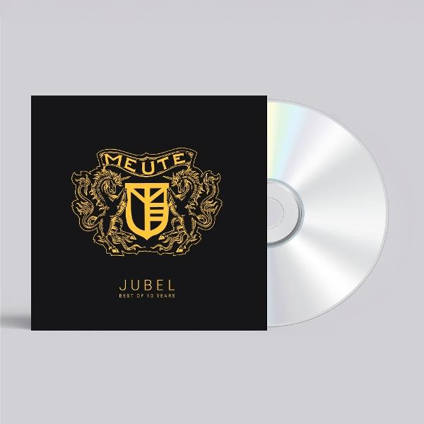 CD-Hülle mit goldenem Design und Text "MEUTE JUBEL BEST OF 10 YEARS" neben einer CD.