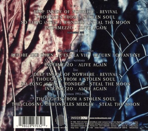 CD-Cover mit Titelliste, darunter 'Deep Inside of Nowhere' und 'Thoughts From a Stolen Soul'. Der Hintergrund ist abstrakt.