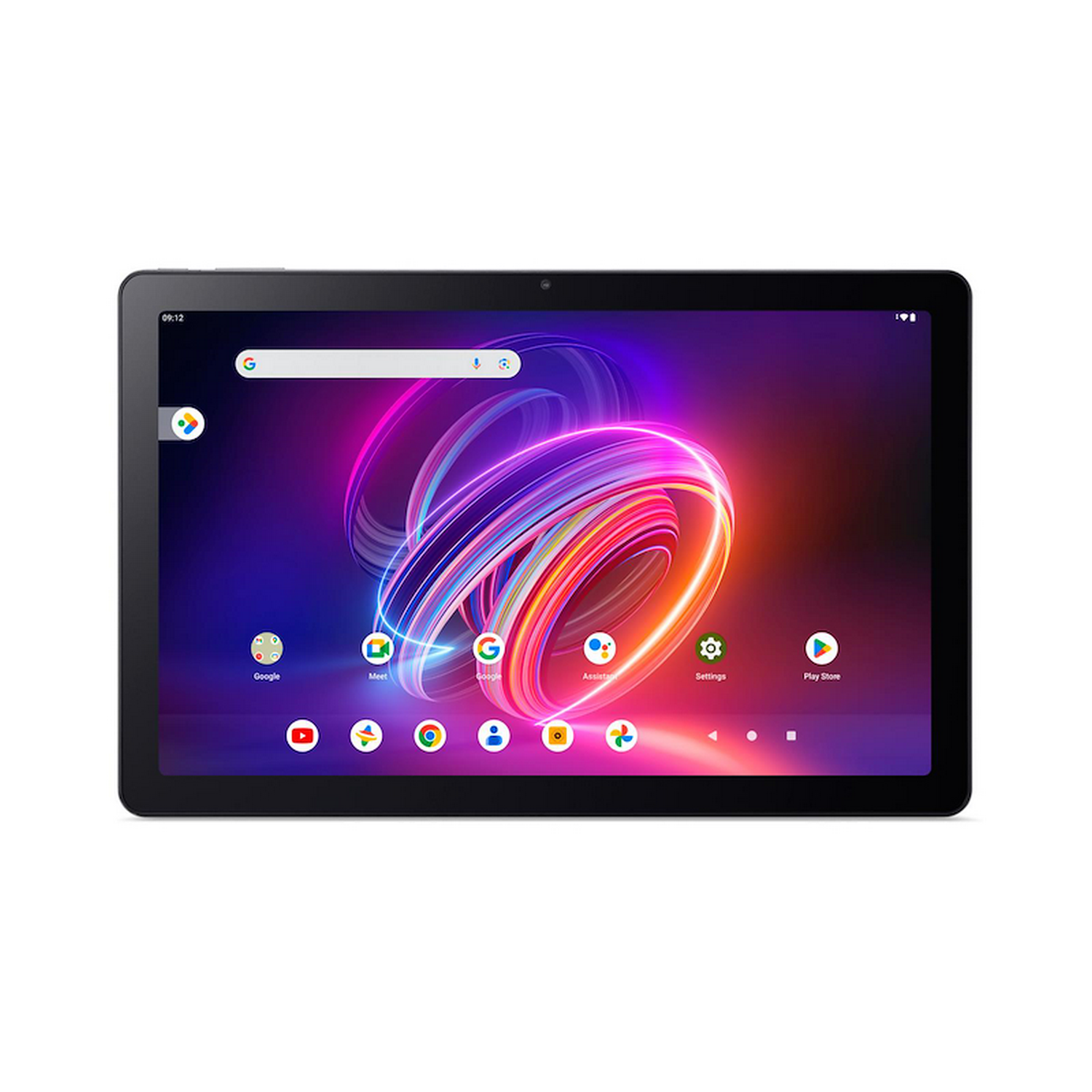 Tableta en blanco. La pantalla muestra una imagen abstracta colorida e iconos de aplicaciones. Barra de búsqueda de Google arriba.