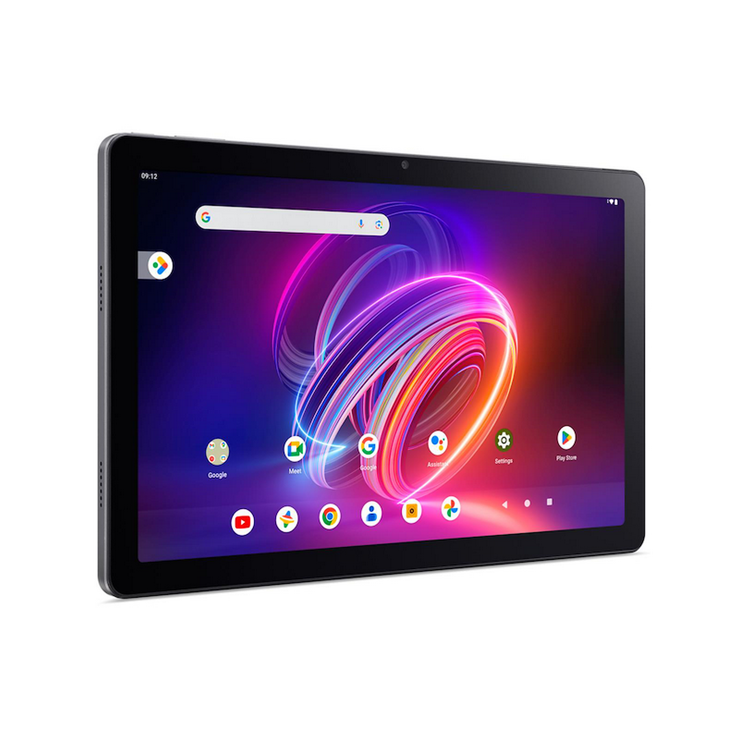 Una tableta que muestra una pantalla de inicio vibrante con iconos de aplicaciones y un fondo de pantalla abstracto y colorido. La tableta es negra y tiene cámara frontal.