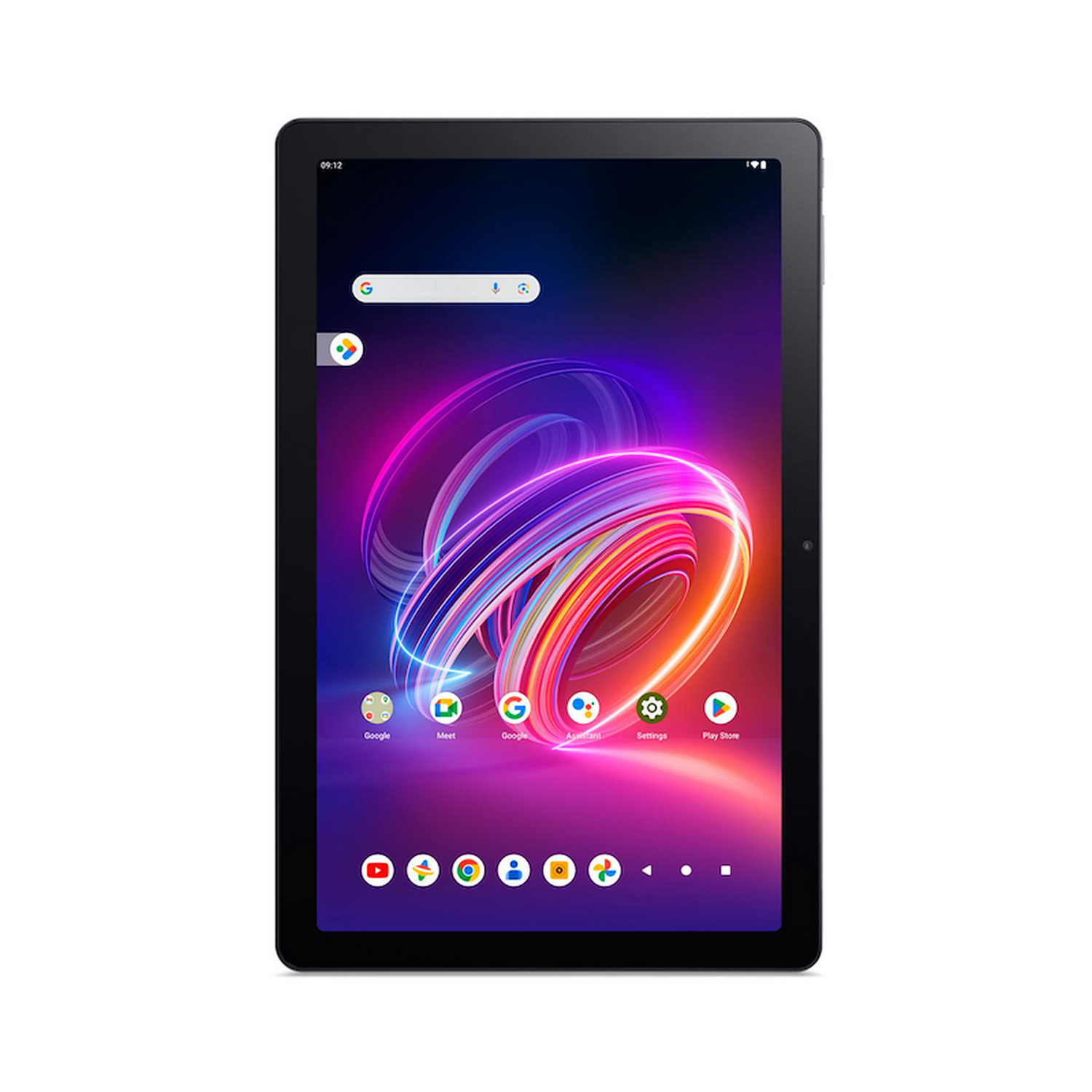Una tableta negra muestra una pantalla de inicio colorida con iconos de aplicaciones. La pantalla muestra la hora y una barra de búsqueda.