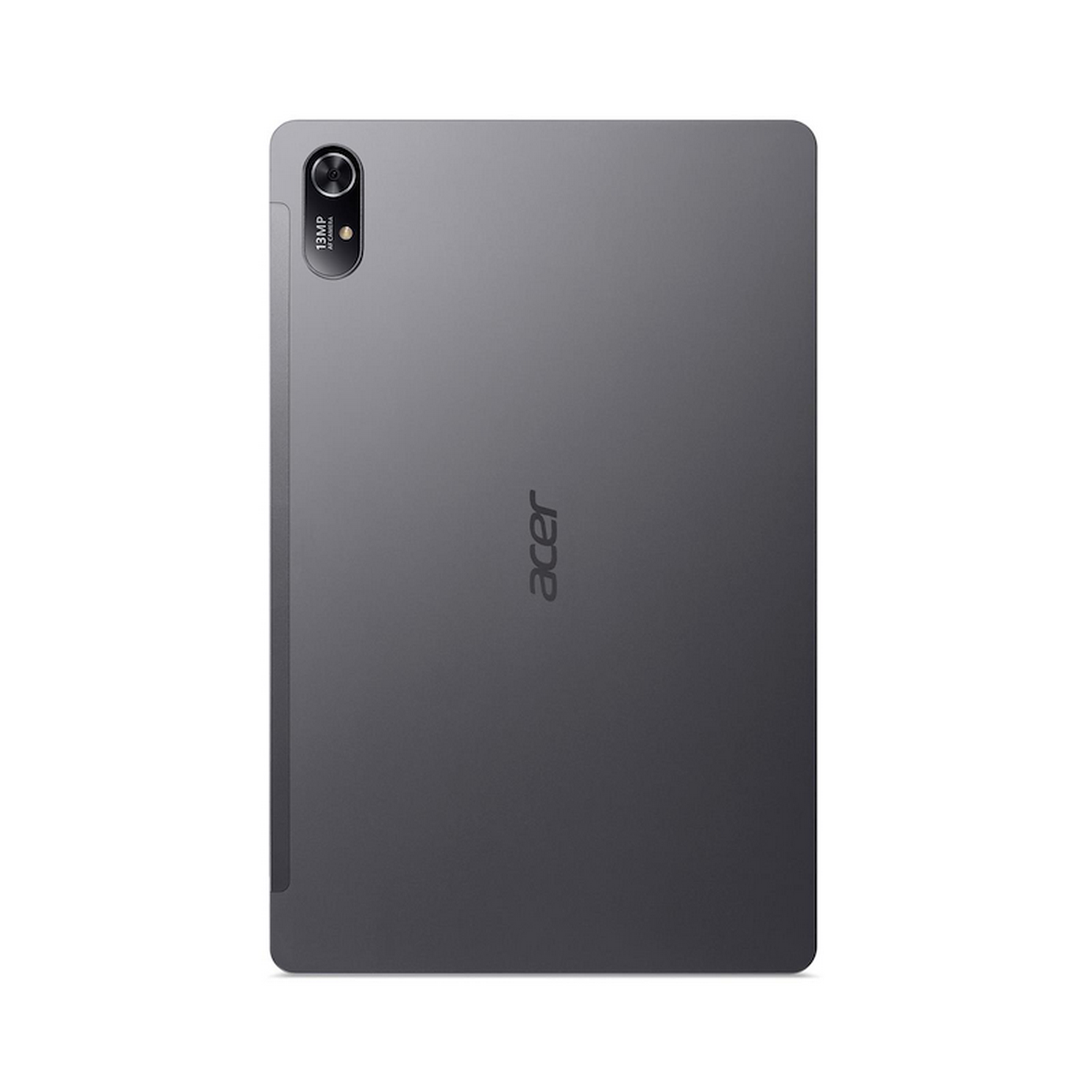 Parte trasera de tableta Acer gris con cámara y logotipo de la marca. El fondo es blanco.