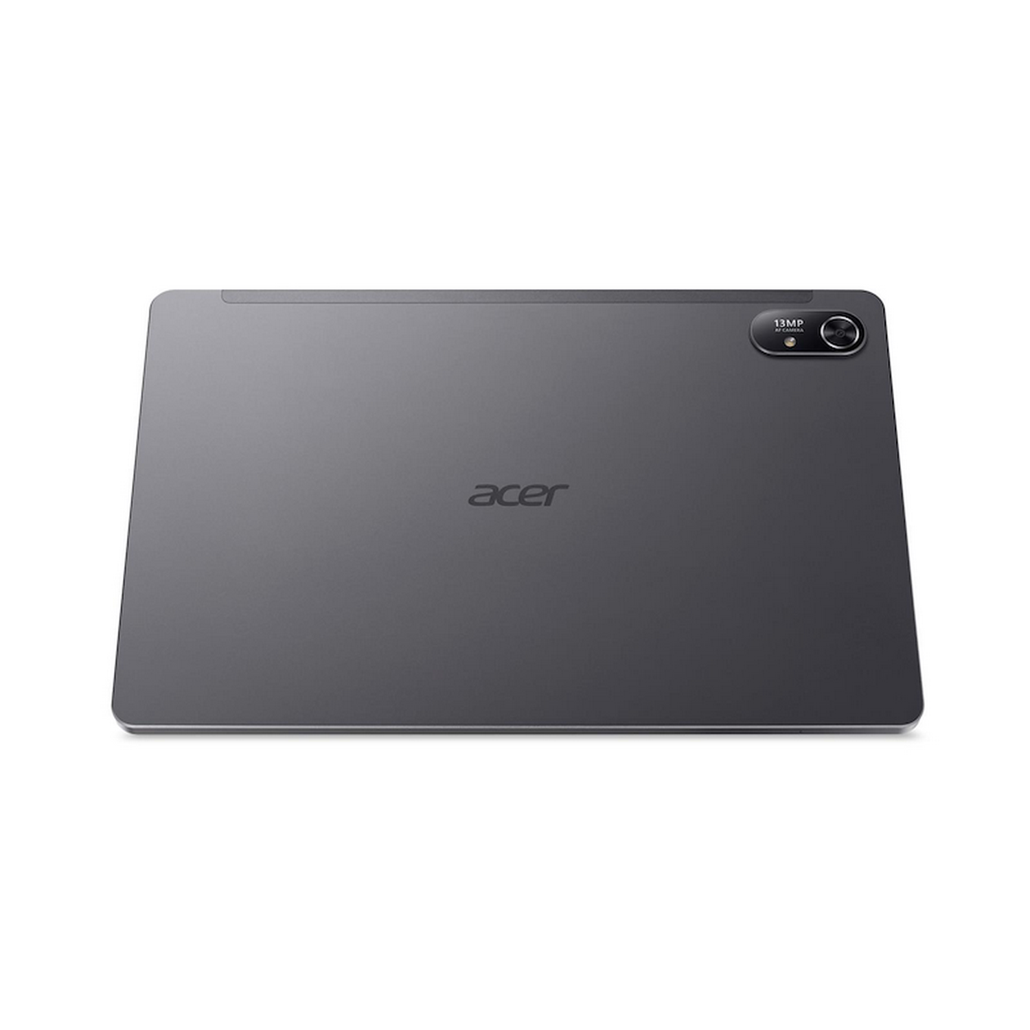 Parte trasera de una tableta Acer gris sobre un fondo blanco. Tiene una cámara, el logotipo de Acer y el texto '13MP'.
