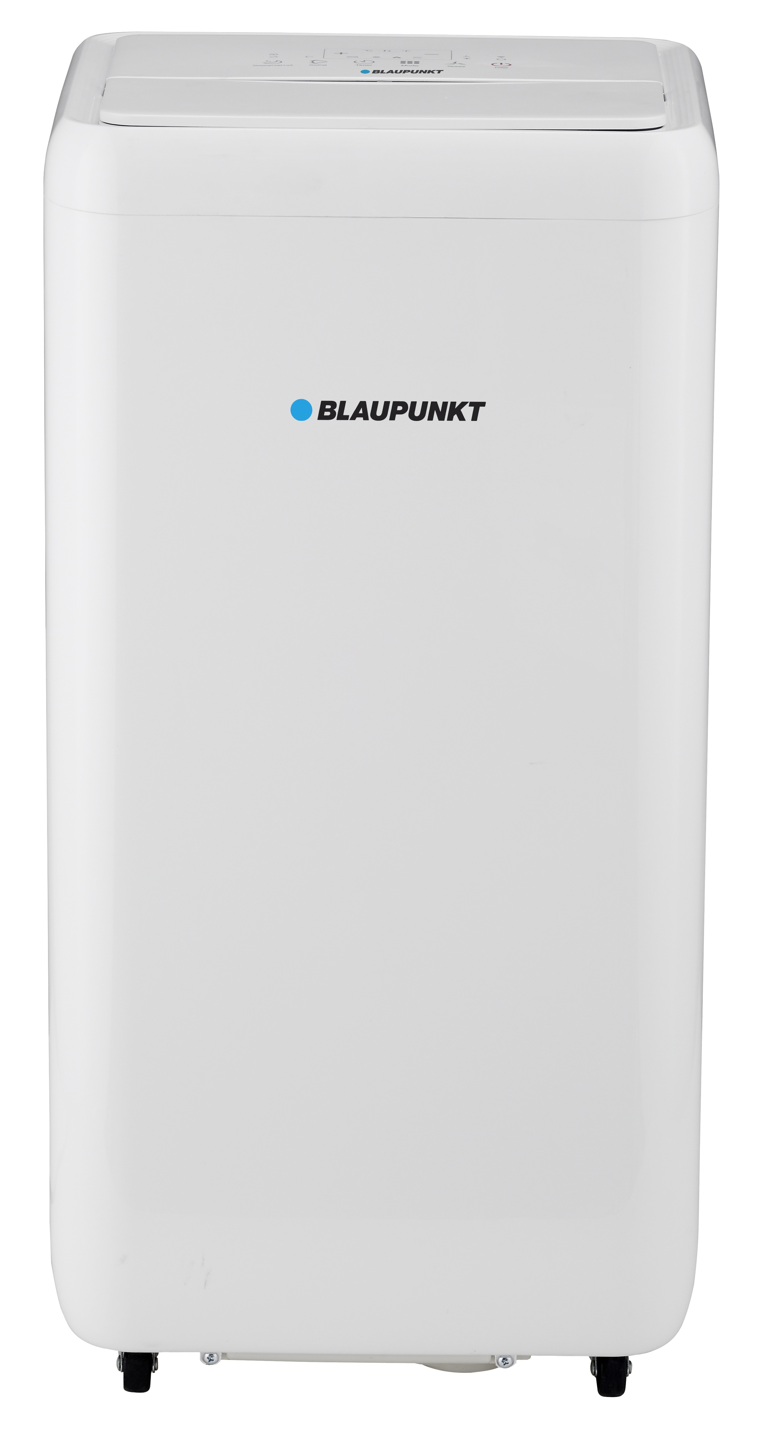 Biały klimatyzator Blaupunkt. Ma logo marki i przyciski sterowania na górze. Ma czarne kółka na dole.