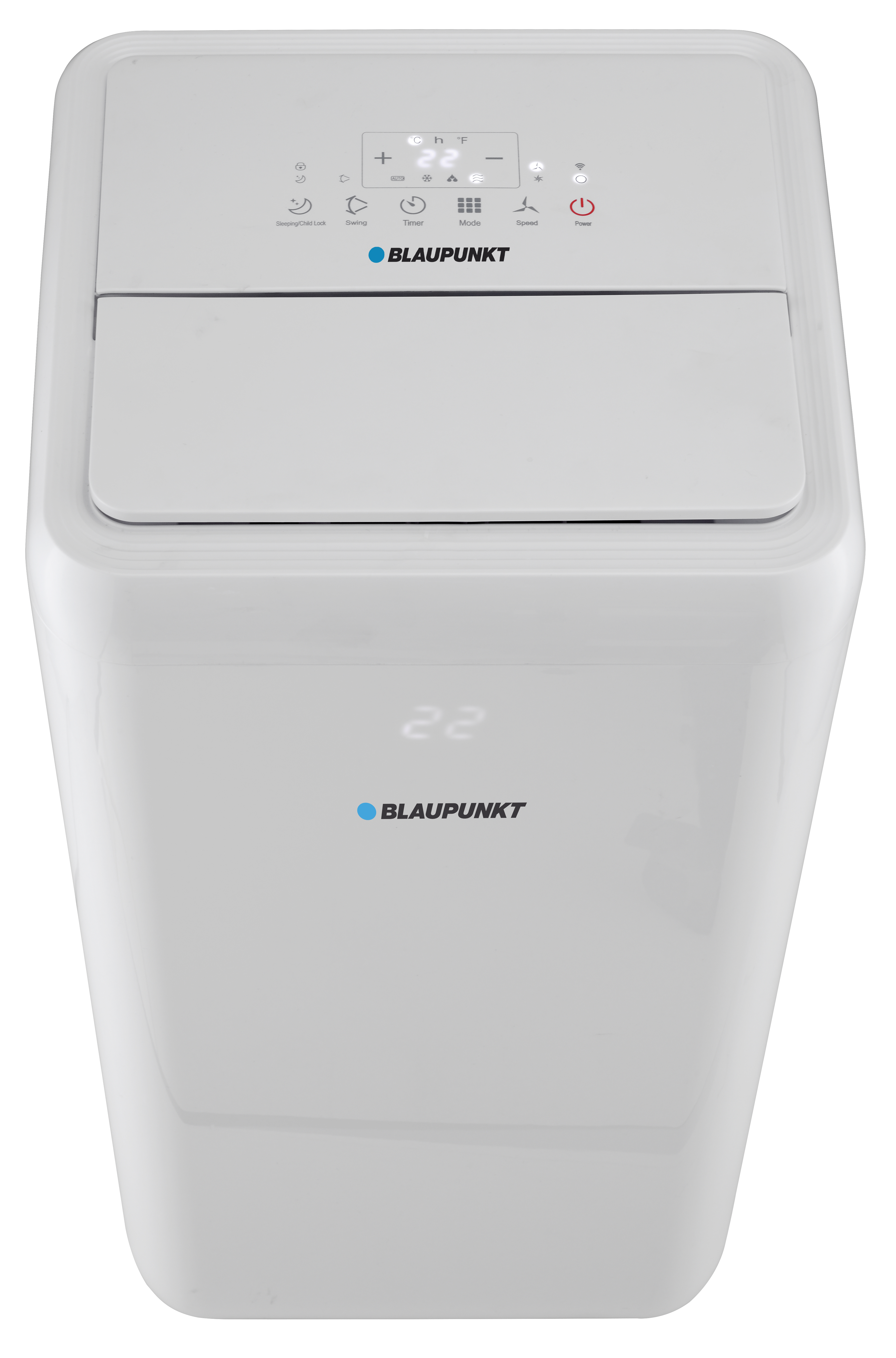 Biały klimatyzator Blaupunkt. Posiada wyświetlacz LCD pokazujący 22. Przyciski sterowania znajdują się na górze, a logo marki jest widoczne.