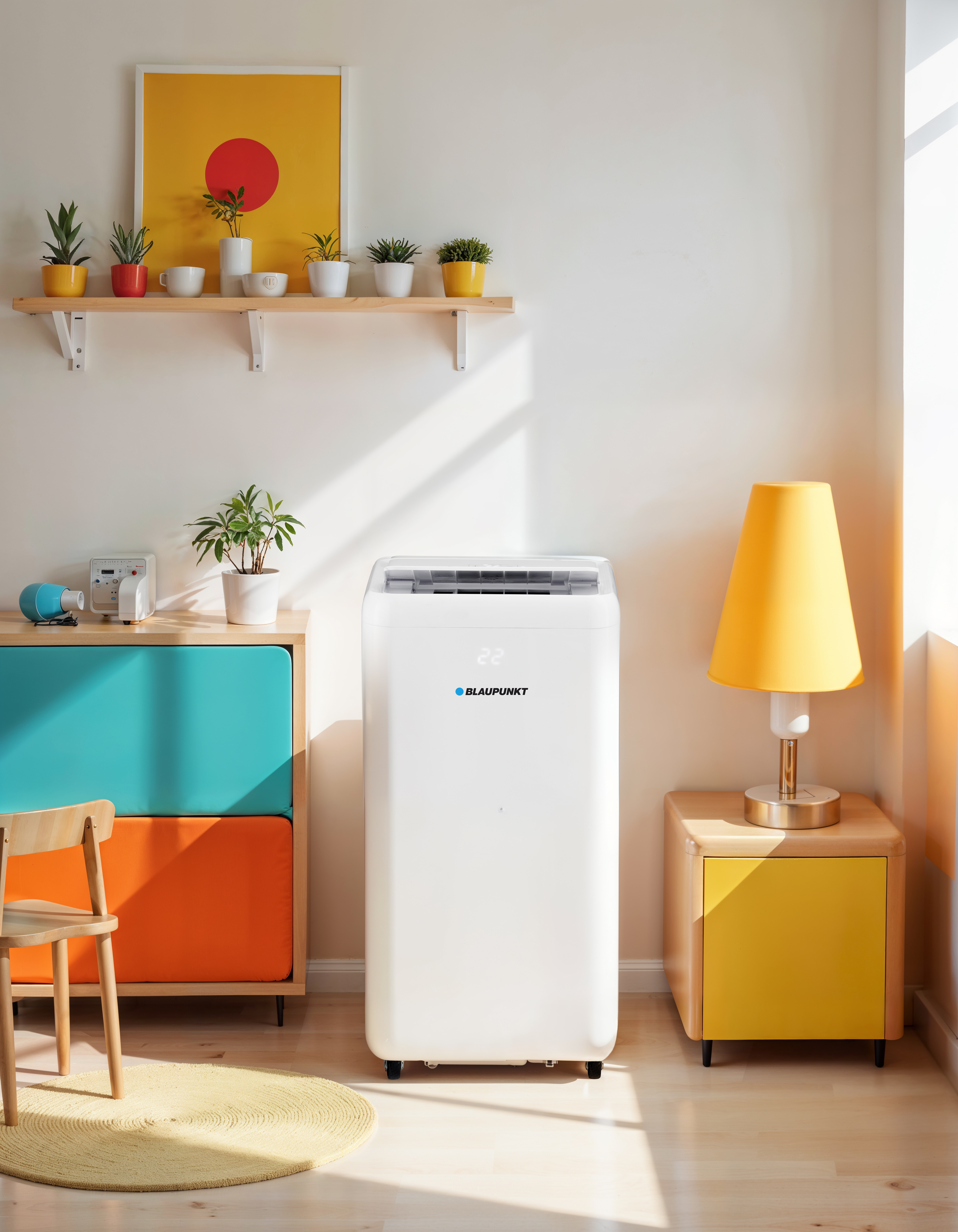 Biały klimatyzator stoi w pokoju z żółtymi, pomarańczowymi i niebieskimi meblami, roślinami, lampą i okrągłym dywanem.
