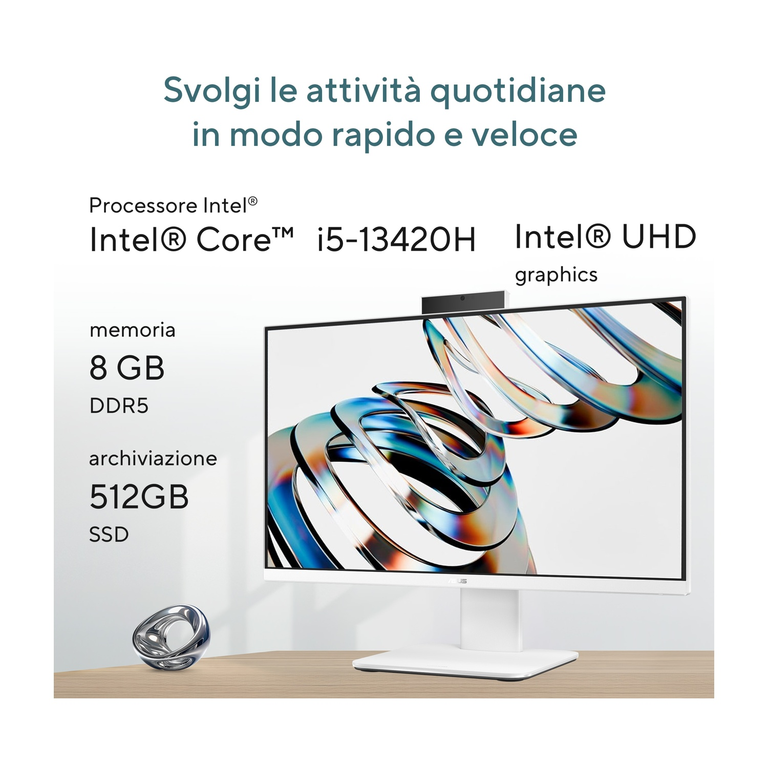 PC all-in-one bianco con schermo grande mostra design astratto. Specifiche: Intel Core i5, 8GB RAM, 512GB SSD.