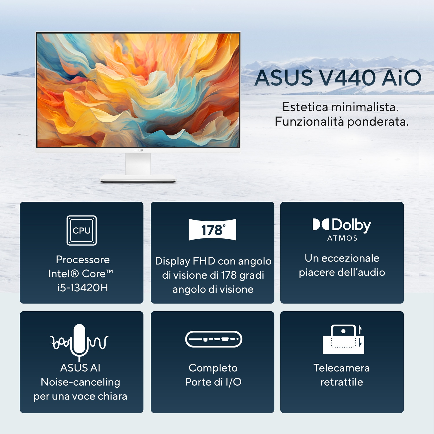 Un computer ASUS V440 AiO con uno schermo che mostra arte astratta colorata. Le caratteristiche includono Intel Core i5, Dolby Atmos e una fotocamera retrattile.