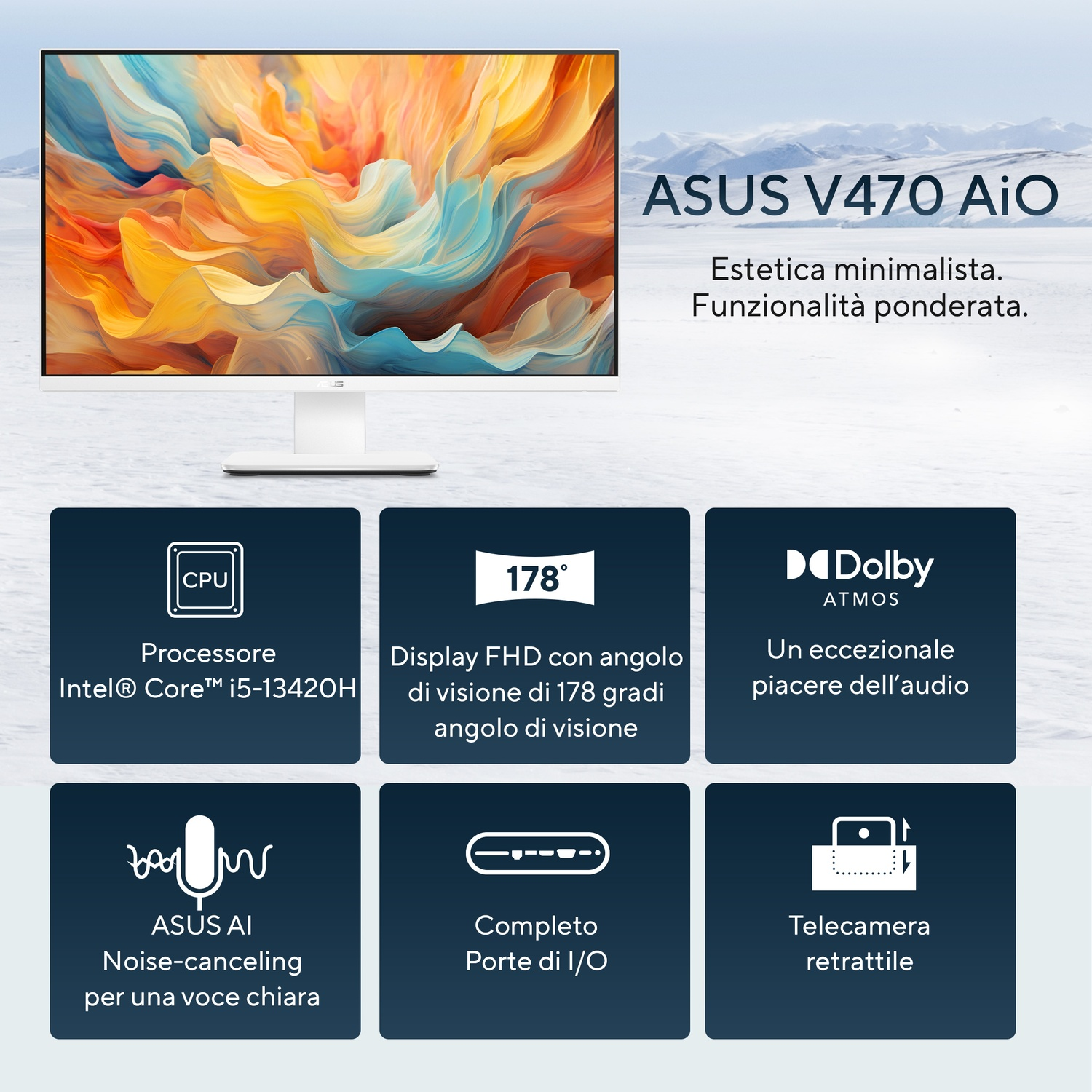 Monitor ASUS V470 AiO bianco con display colorato, processore Intel i5, angolo di visione di 178° e audio Dolby Atmos.