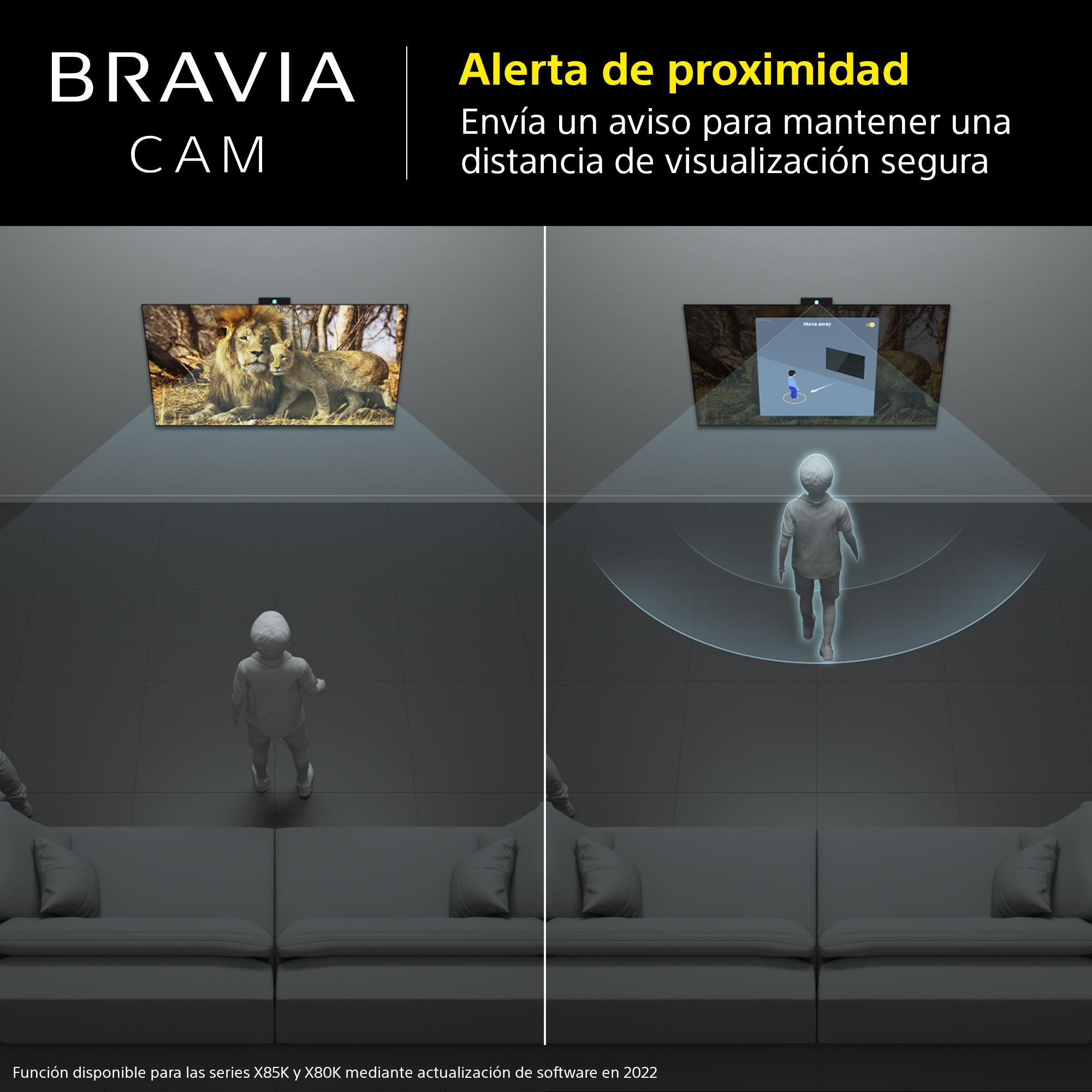 La imagen muestra BRAVIA CAM con un niño frente a un televisor con una imagen de león. El televisor advierte sobre la distancia segura de visualización.