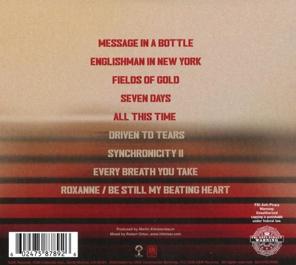 Album hátlapja, olyan dalcímekkel, mint a 'Message in a Bottle' és az 'Every Breath You Take'. FBI kalózkodás elleni figyelmeztetés.