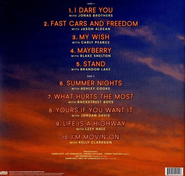 Album-Trackliste: Lieder mit Künstlern wie Jonas Brothers, Jason Aldean und Blake Shelton. Text auf blau-orangefarbenem Hintergrund.