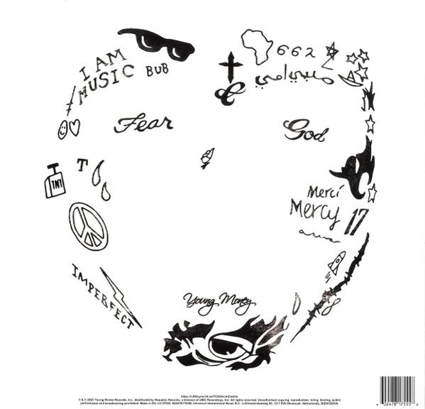 Fond blanc avec texte et dessins noirs, dont 'Fear', 'Young Money' et un motif en forme d'œil.