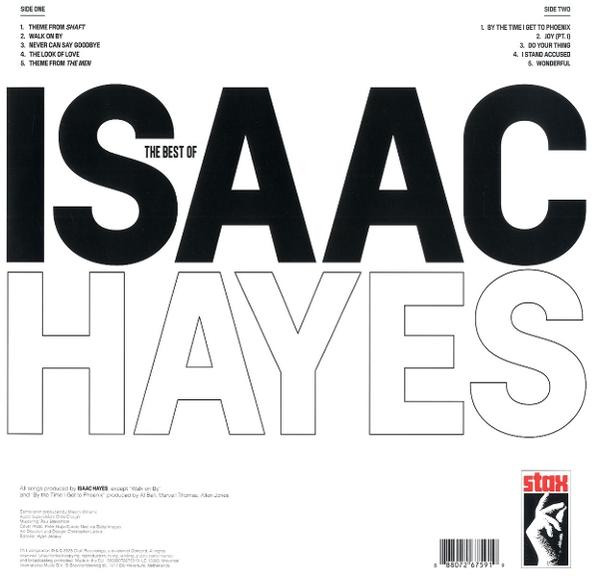 Albumcover: "The Best of Isaac Hayes". Großer schwarz-weißer Text. Songtitel sind auf jeder Seite aufgelistet.