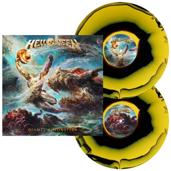 Albumcover von "Giants & Monsters" von Helloween. Artwork zeigt eine Figur mit einem Kürbis und zwei gelb/schwarzen Schallplatten.