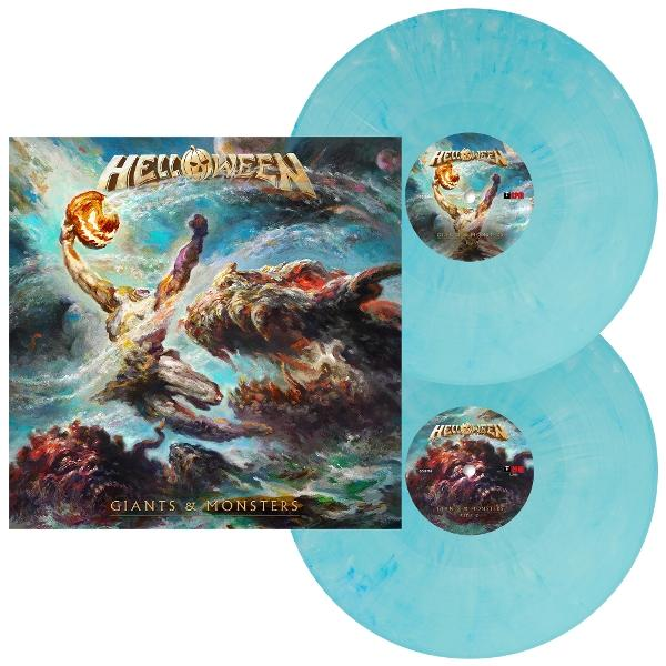 Albumcover von Helloween's 'Giants & Monsters' mit einem Kunstwerk einer Figur mit einem Kürbis und zwei blauen Schallplatten.