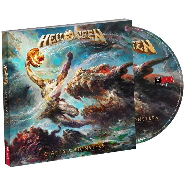Albumcover, Giants & Monsters von Helloween. Eine Figur mit Kürbis steht einem Monster gegenüber. CD sichtbar. Blau- und Orangetöne.