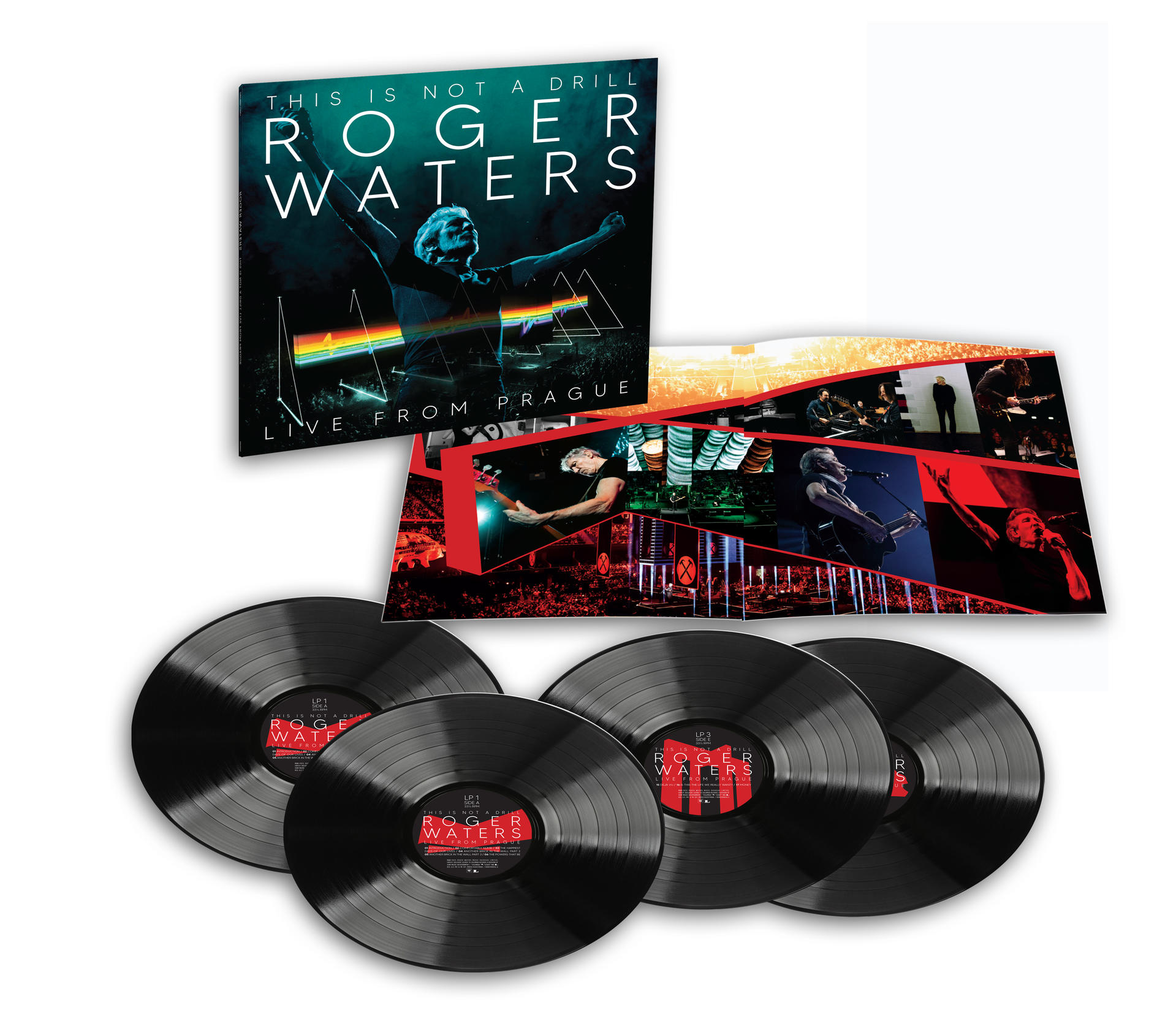 Albumcover und Schallplatten von Roger Waters' 'This Is Not a Drill' live aus Prag. Enthält Bilder des Konzerts.