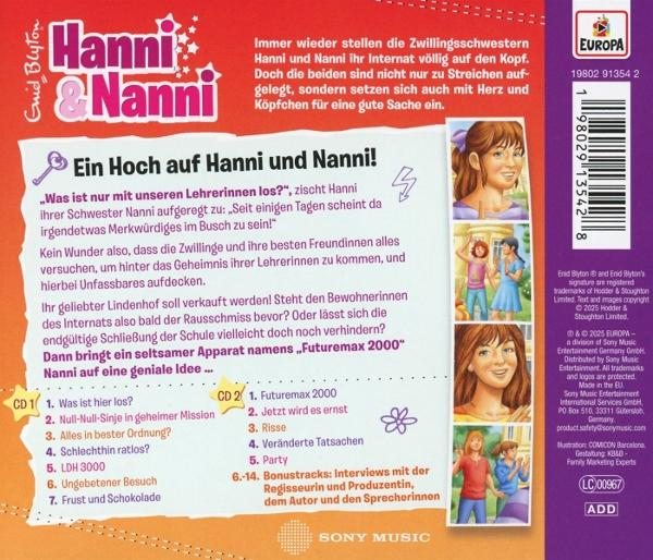 CD-Cover mit dem Titel Hanni & Nanni. Cartoon-Bilder von Mädchen. Text auf Deutsch. Sony Music und Europa Logos.