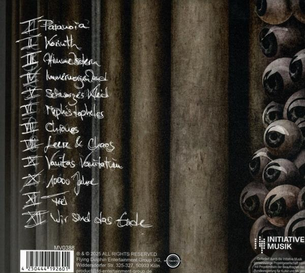 CD-Cover mit handgeschriebenen Songtiteln. Augen rechts. Brauner Hintergrund. Text enthält 'Paranoia', 'Mephistopheles'.