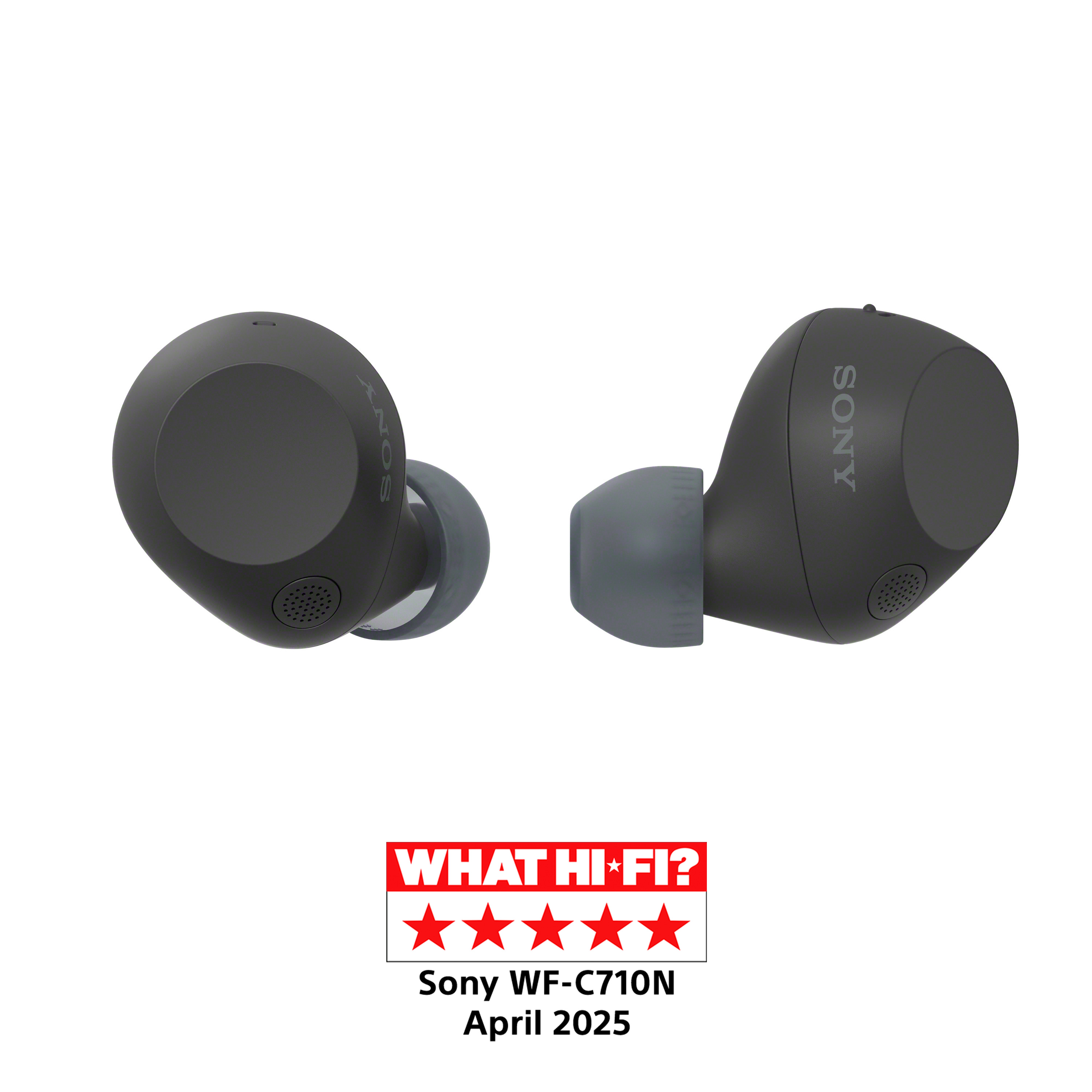 Dos auriculares Sony WF-C710N grises oscuros sobre blanco. Reseña What Hi-Fi? con 5 estrellas.