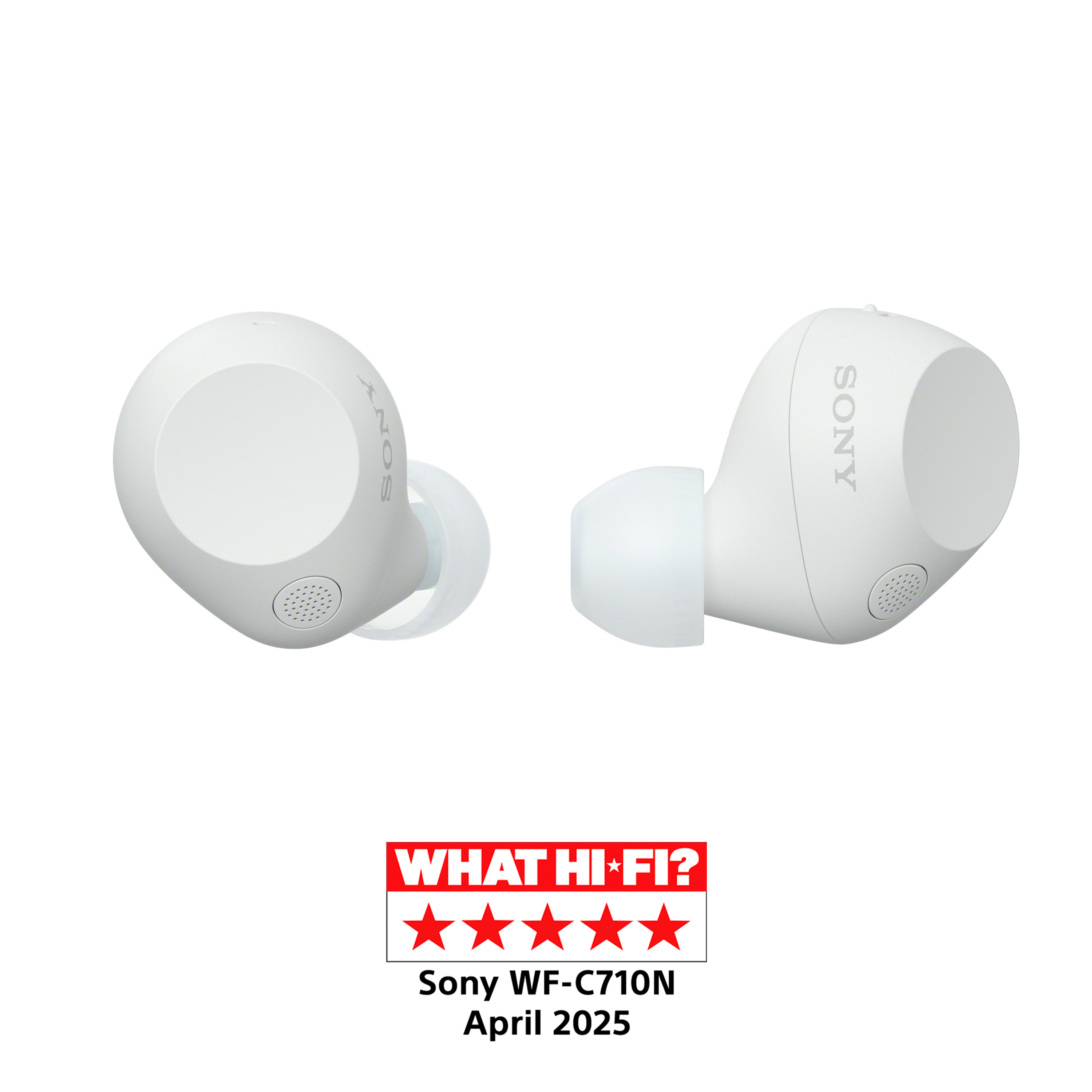 Auriculares Sony WF-C710N blancos. Calificación What Hi-Fi?. 5 estrellas. Abril 2025.