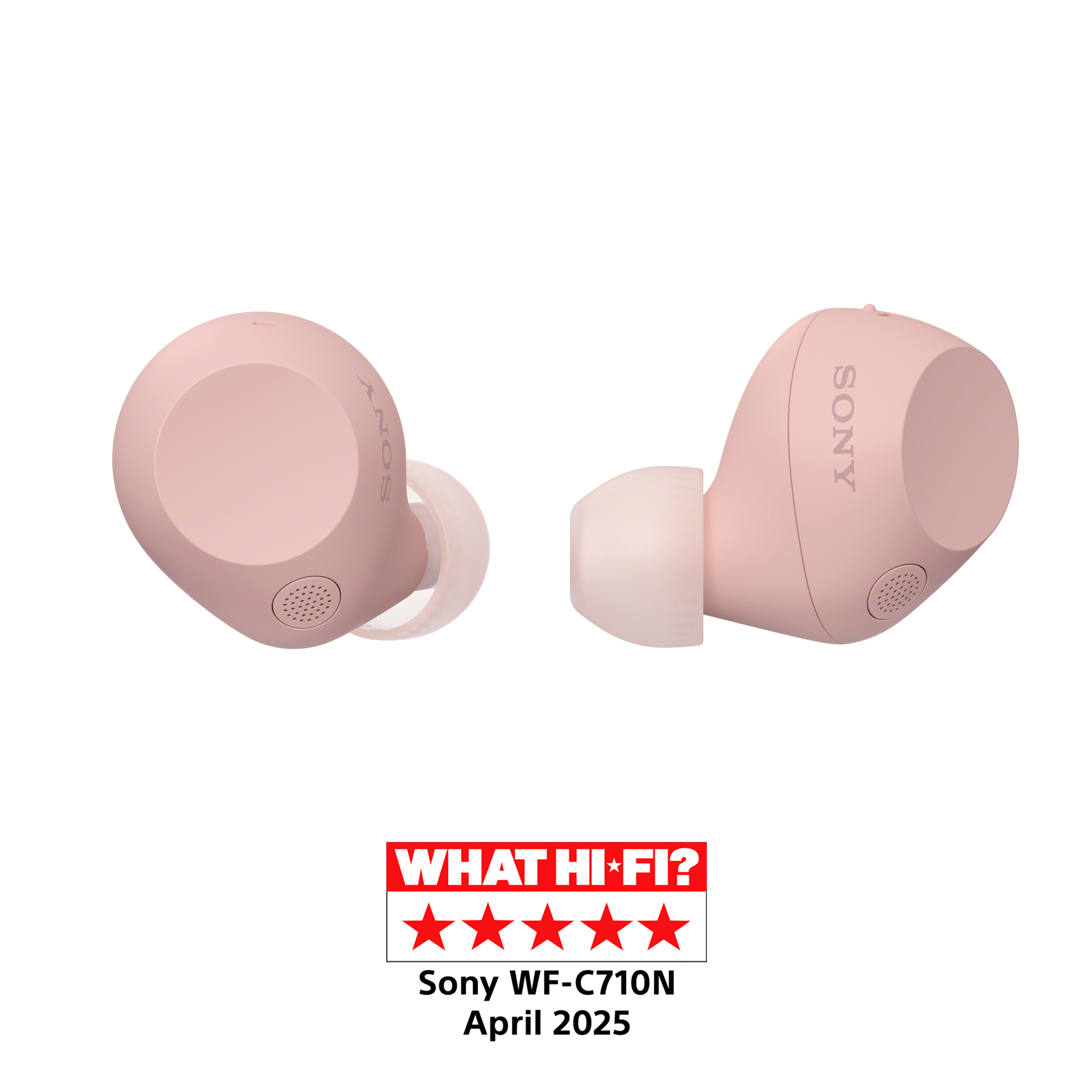 Auriculares Sony WF-C710N rosas. Fondo blanco. Reseña What Hi-Fi? con cinco estrellas.