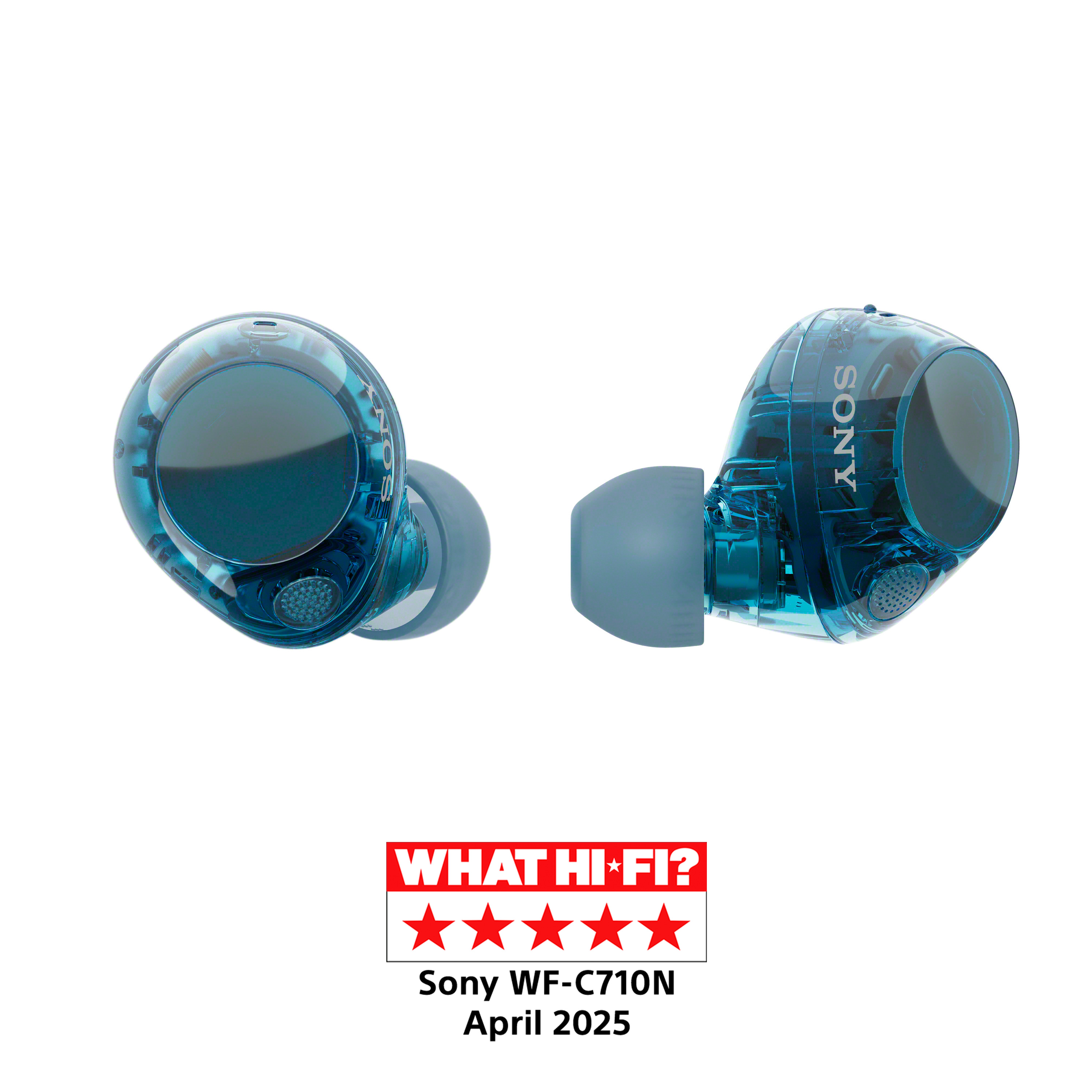 Dos auriculares Sony WF-C710N azules sobre fondo blanco, con calificación y texto de What Hi-Fi?.