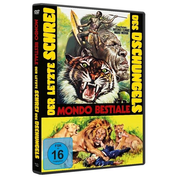 DVD-Hülle: Tiger, Mann mit Speer, Löwen und ein Mann, der angegriffen wird. Text auf Deutsch: "Der Letzte Schrei" und "Mondo Bestiale".