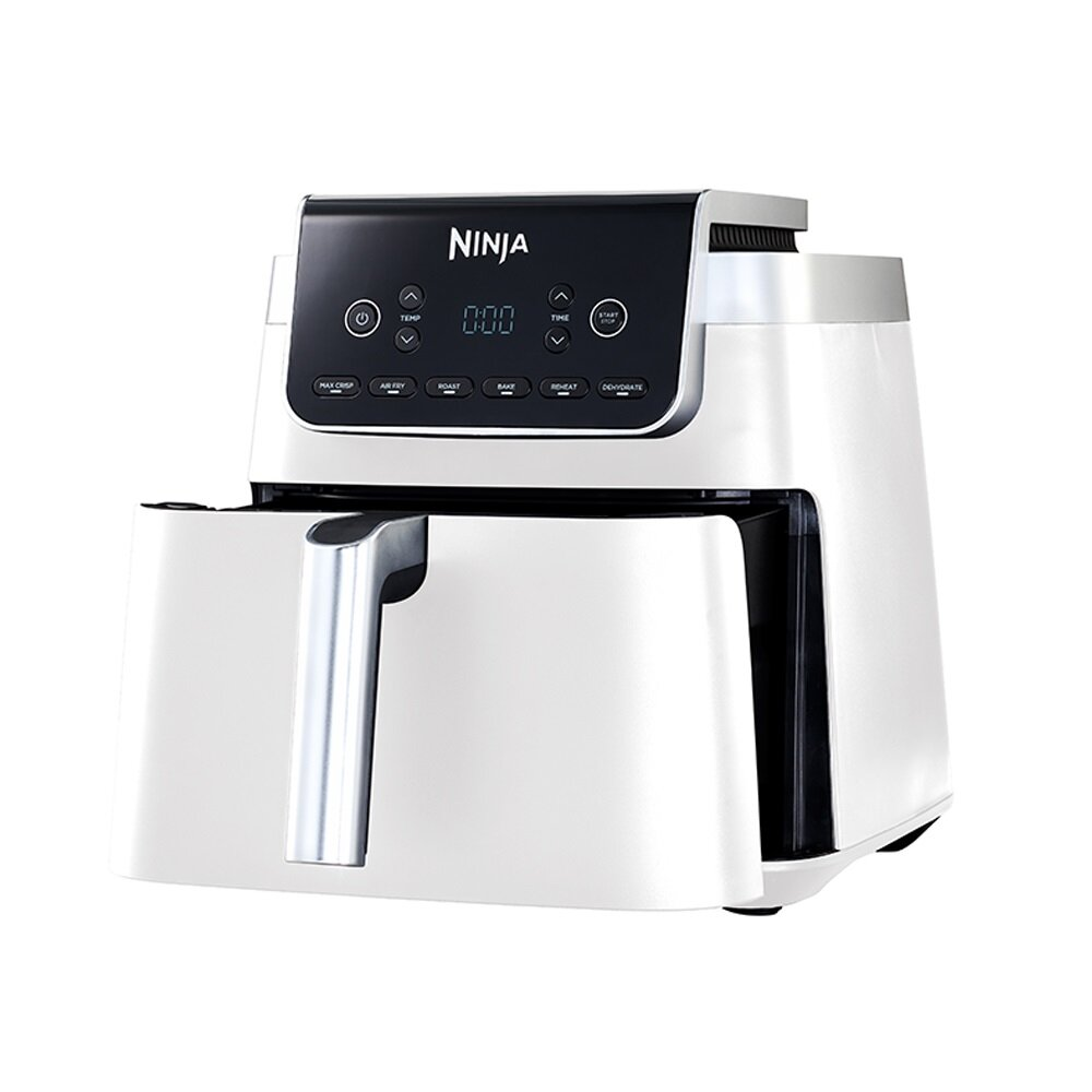 Biała frytkownica beztłuszczowa Ninja. Czarny panel sterowania wyświetla czas. Widoczny uchwyt, przyciski i opcje gotowania.