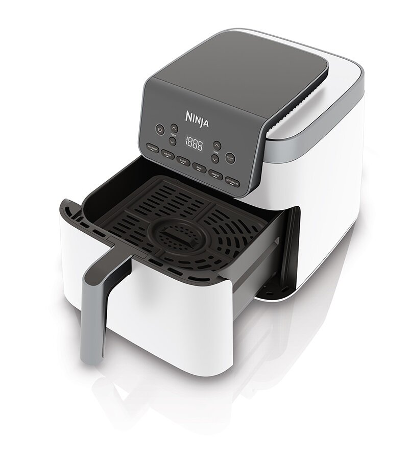 Frytownica beztłuszczowa Ninja, biało-szara. Wyświetlacz pokazuje 18:88. Szuflada otwarta. Na białej powierzchni, z odbiciem.