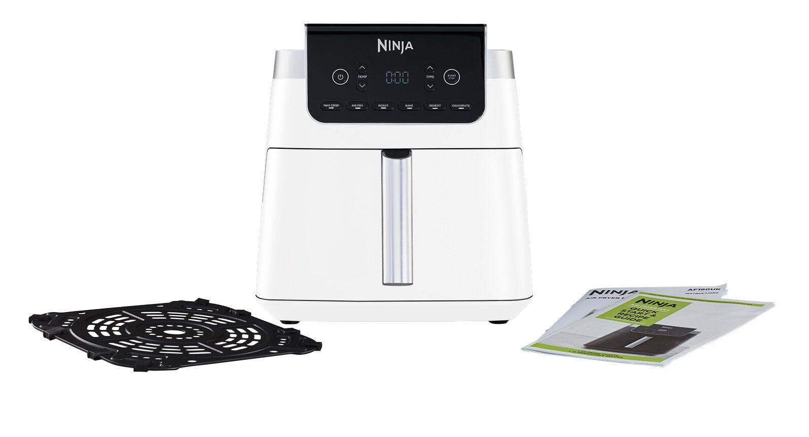 Biała frytkownica Ninja z czarnym panelem sterowania, tacą do gotowania i instrukcjami na białym tle.