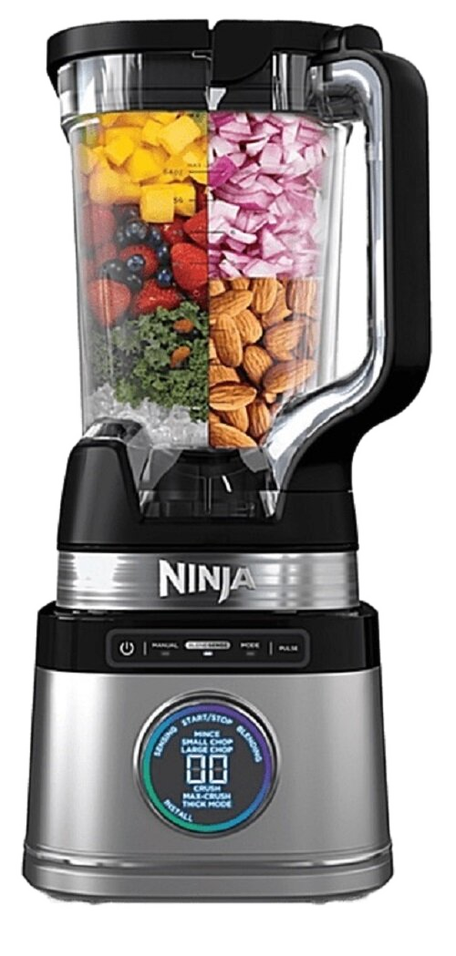 Blender Ninja ze składnikami: mango, czerwona cebula, migdały, jagody, jarmuż i lód. Posiada wyświetlacz cyfrowy i przyciski.