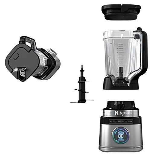 Zdemontowany blender Ninja. Części obejmują podstawę, ostrze, dzbanek, pokrywę i przystawkę do robota kuchennego.