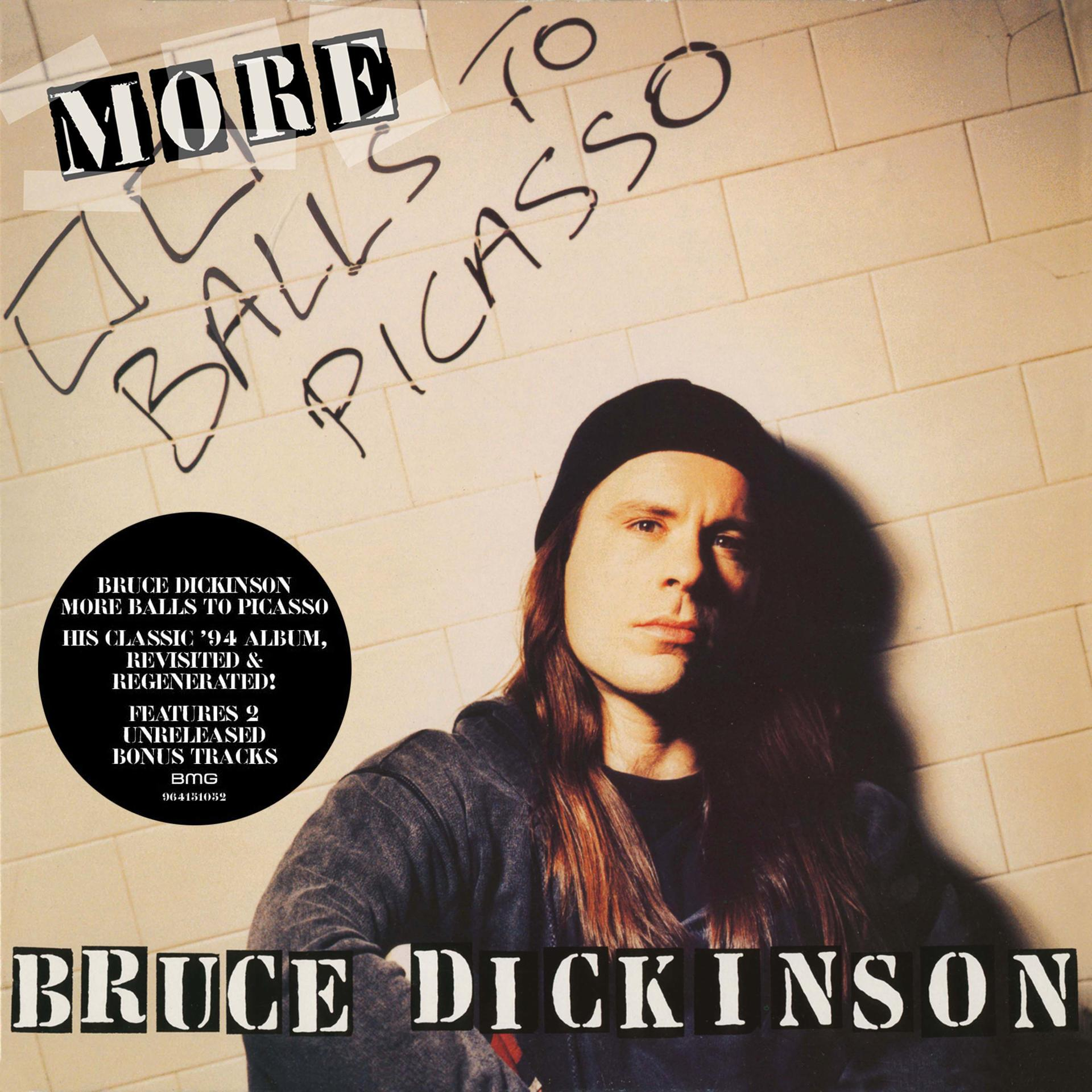 Albumcover von Bruce Dickinson, betitelt "More Balls To Picasso". Der Künstler ist im Zentrum. Der Hintergrund zeigt den Albumtitel.