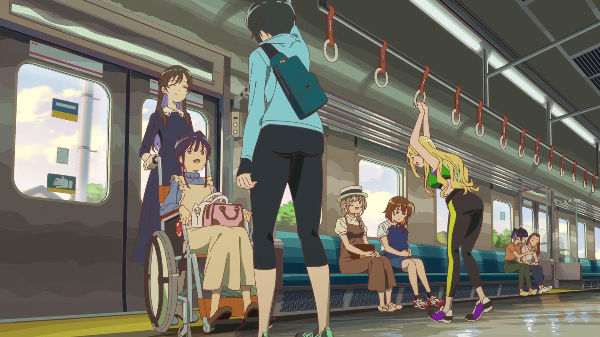 Anime-Illustration von Menschen in einem Zug. Einige stehen, einer im Rollstuhl. Innenraum zeigt Haltegriffe, Fenster.