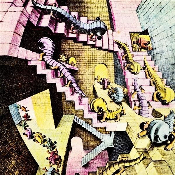 Illustration von Kreaturen, die in einer labyrinthartigen Struktur Treppen steigen. Kreaturen haben große Augen und verschiedene Farben. Der Hintergrund ist komplex.