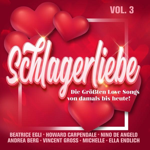 Albumcover. Roter Hintergrund mit Herzen. Titel: Schlagerliebe. Künstlernamen unten.