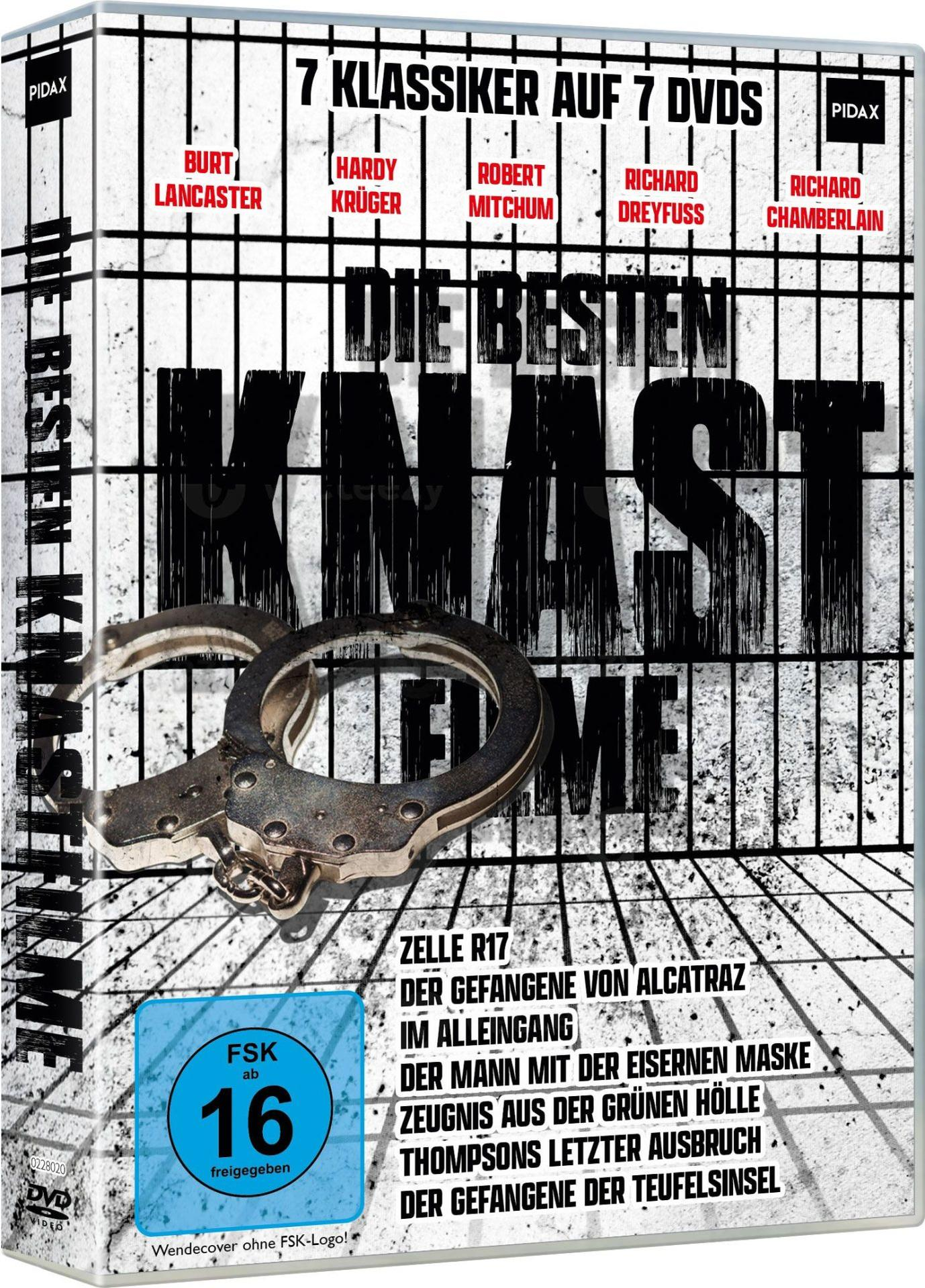 DVD-Cover, Handschellen über einem Gefängnisgitter-Design. Titel sind '7 Klassiker', Filmnamen und Schauspielernamen.
