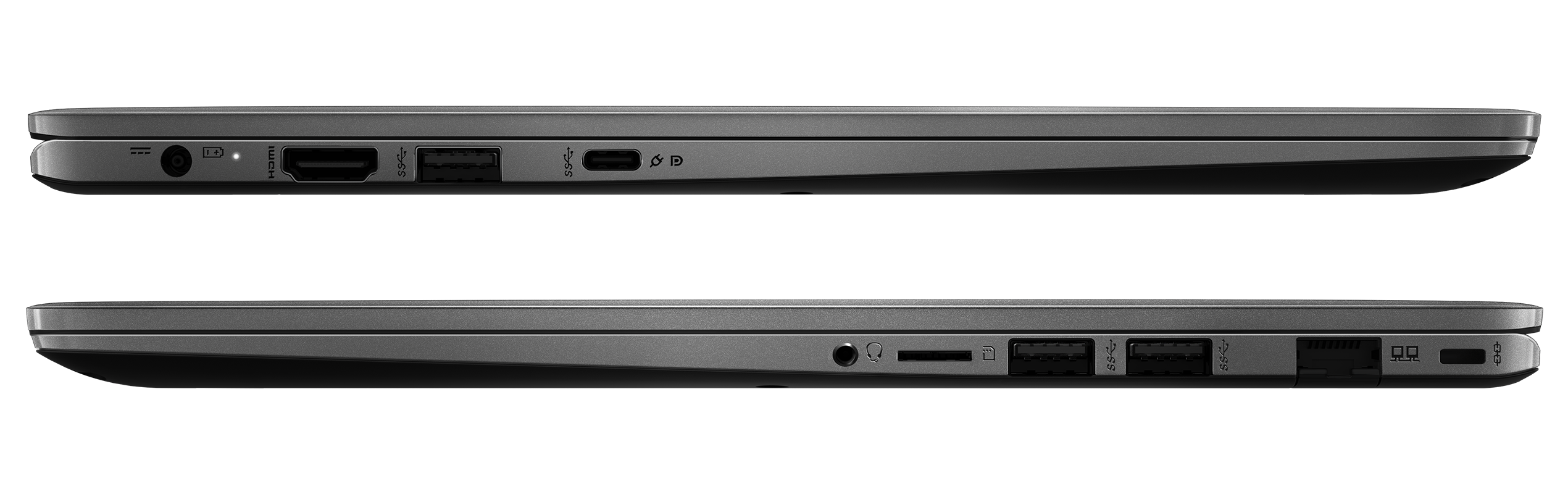 Seitenansicht von zwei grauen Laptops auf schwarzem Hintergrund, mit Anschlüssen: HDMI, USB, Audioanschluss und Stromanschluss.