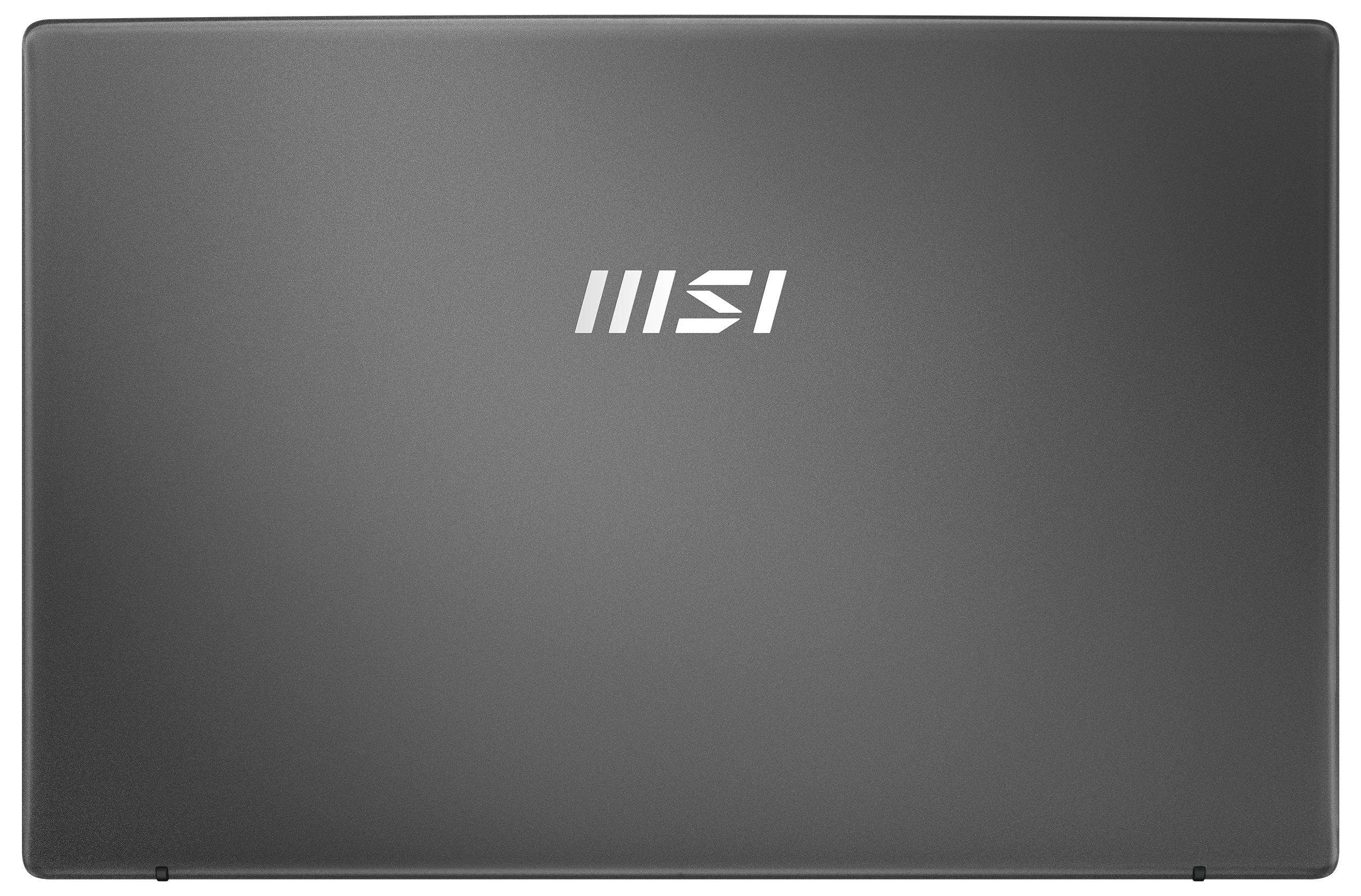 Ein geschlossener grauer Laptop mit weißem MSI-Logo. Der Hintergrund ist schwarz.