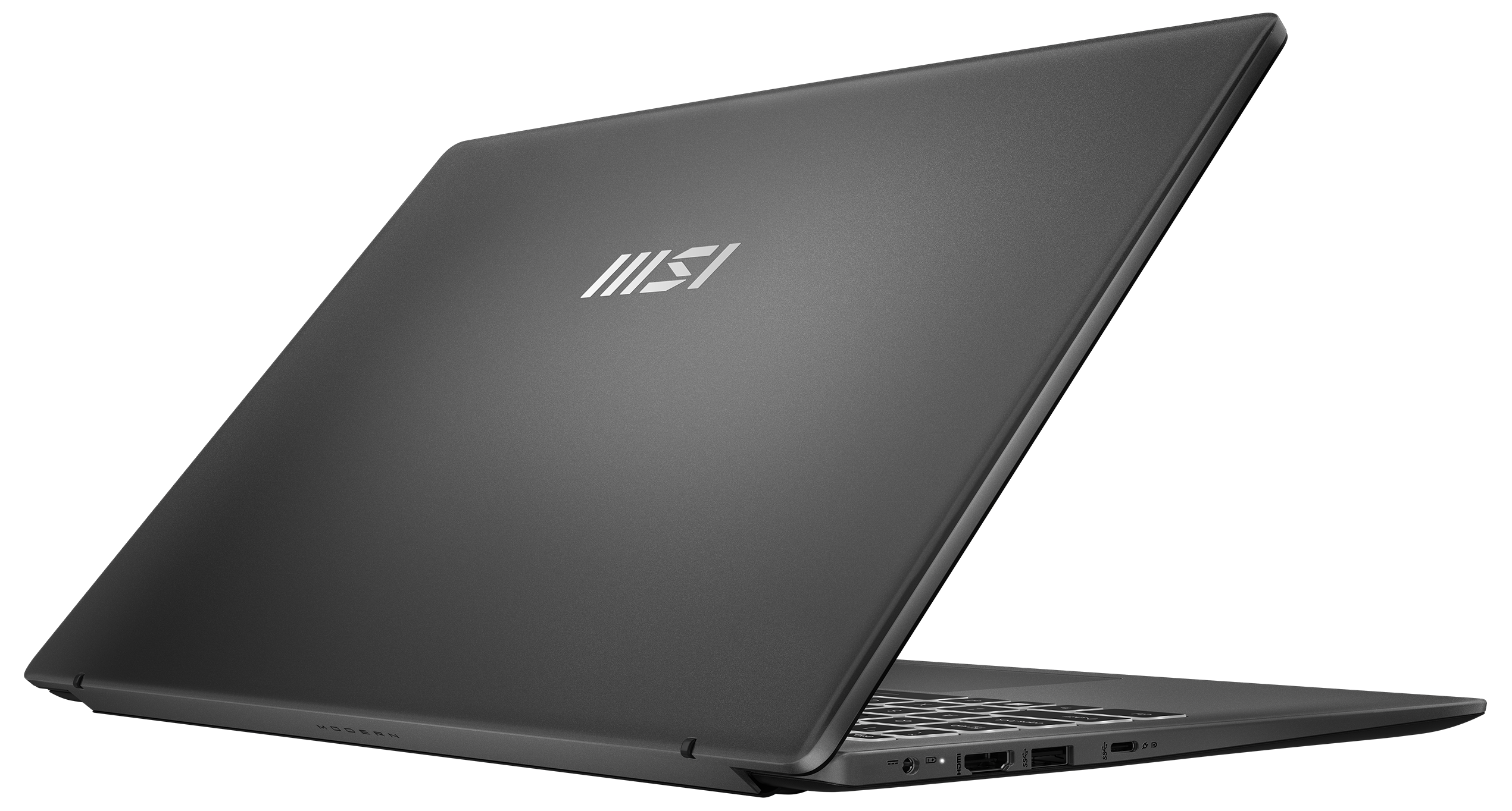 Ein dunkelgrauer Laptop ist leicht geöffnet. Das MSI-Logo ist auf dem Deckel sichtbar. Der Hintergrund ist tiefschwarz.