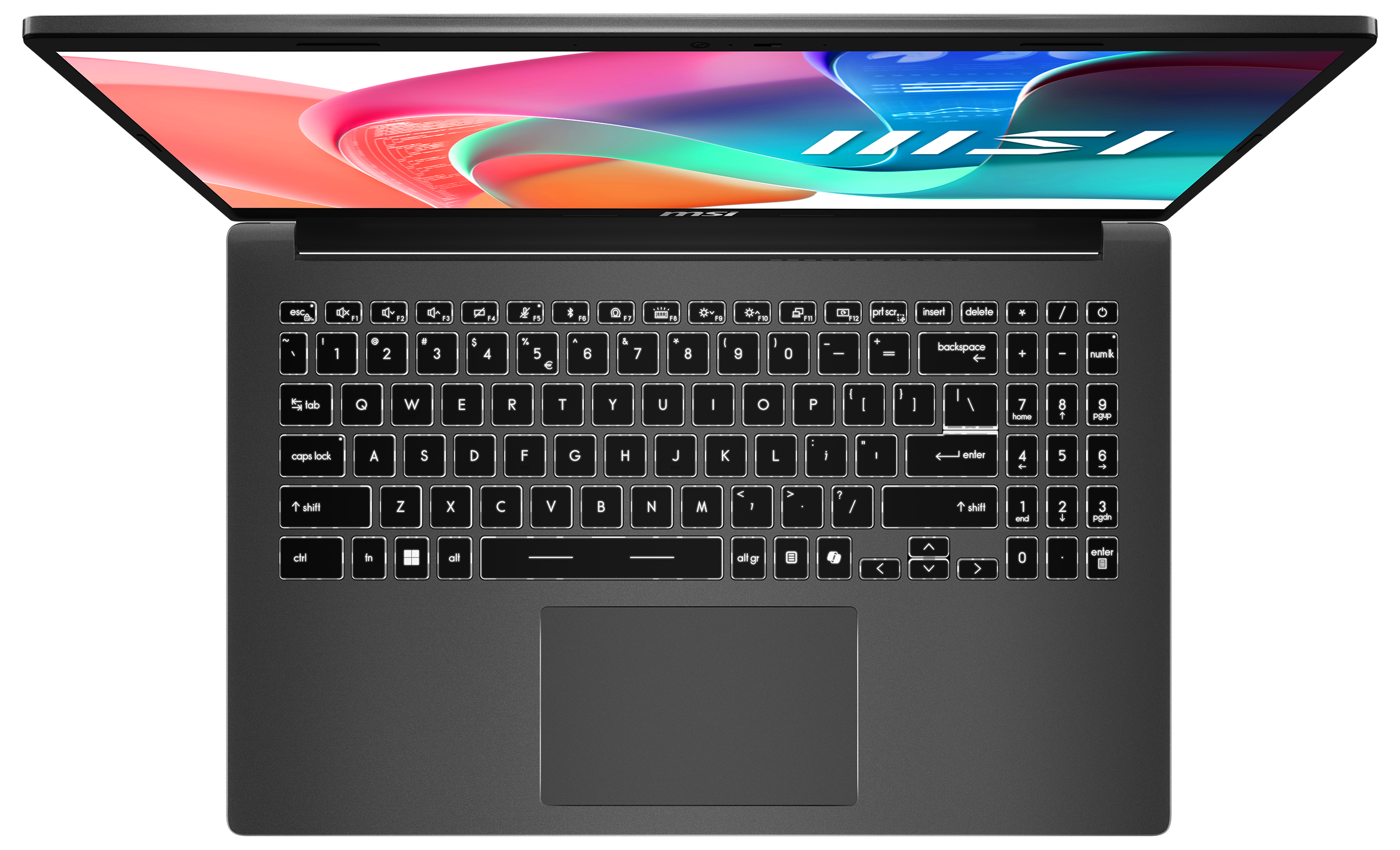 Ein Laptop mit geöffnetem Bildschirm, der eine farbenfrohe Grafik zeigt. Die Tastatur ist mit allen Tasten sichtbar. Der Hintergrund ist schwarz.