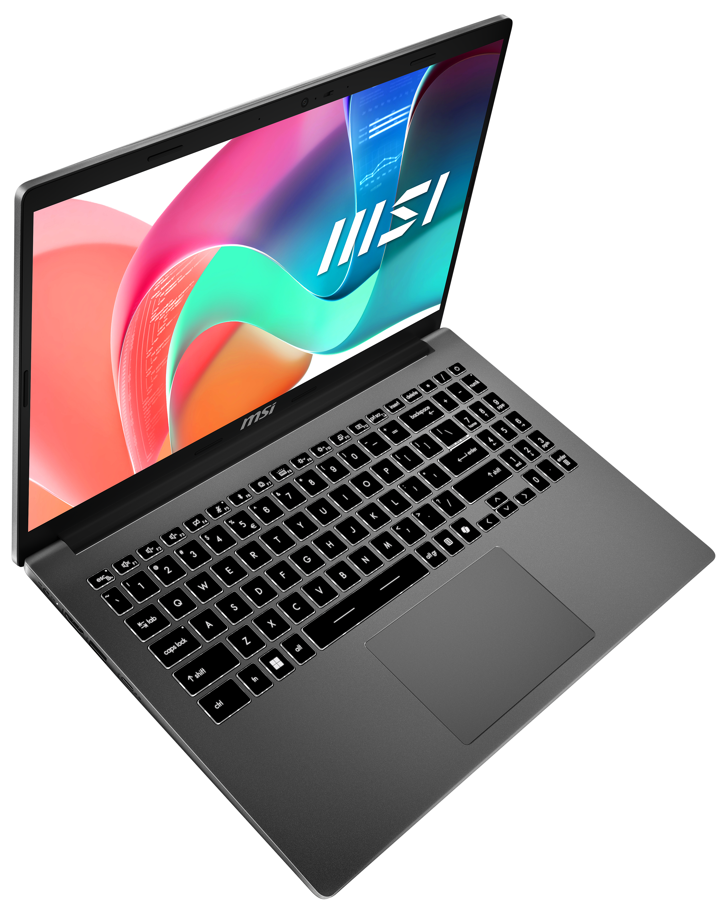 Laptop auf schwarzem Untergrund, Tastatur sichtbar, Bildschirm zeigt farbenfrohe Grafik, mit MSI-Logo.