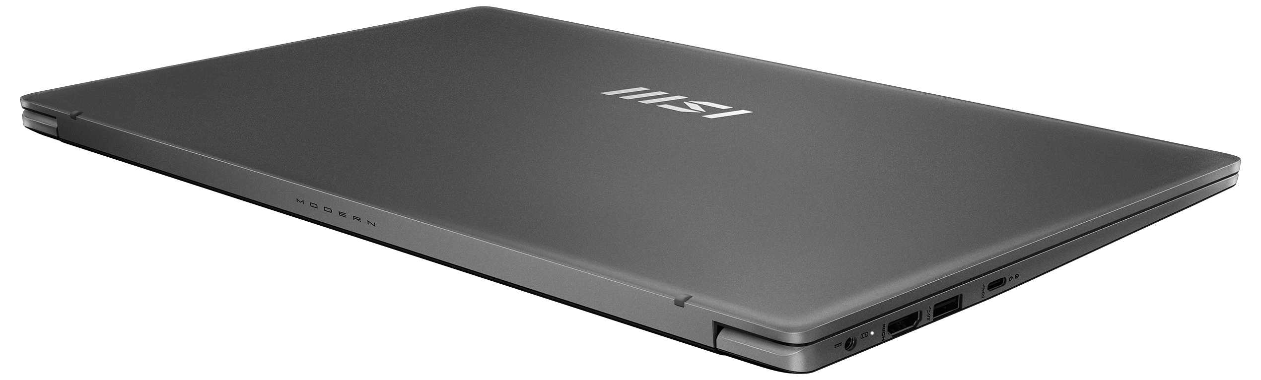 Ein geschlossener, dunkelgrauer Laptop auf schwarzem Untergrund. Der Deckel hat das MSI-Logo und das Wort MODERN.