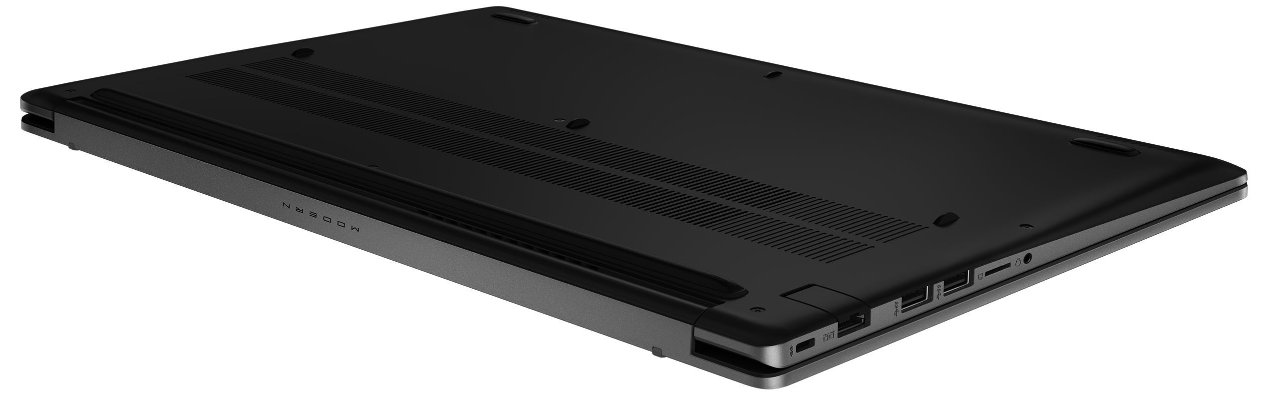 Unteransicht eines schwarzen Laptops auf schwarzem Hintergrund. Merkmale sind Lüftungsschlitze, Anschlüsse und das Wort MODERN.