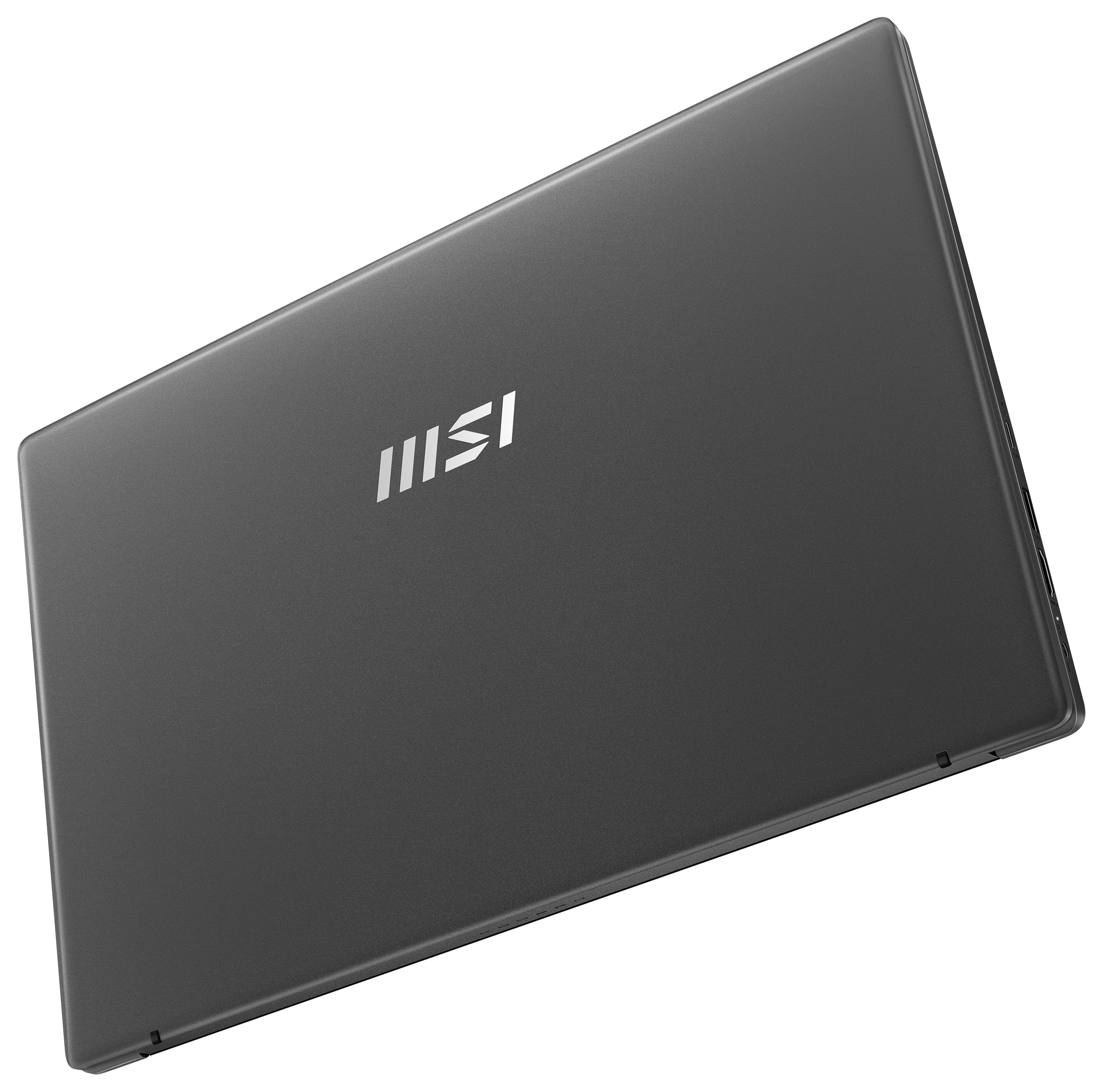 Dunkelgrauer Laptop mit MSI-Logo auf schwarzem Hintergrund. Der Laptop ist leicht angewinkelt und der Deckel ist geschlossen.